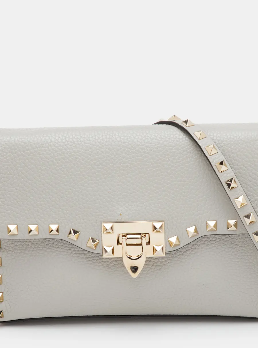 Valentino Rockstud Light Grey Leather Flip Lock Flap Crossbody Bag