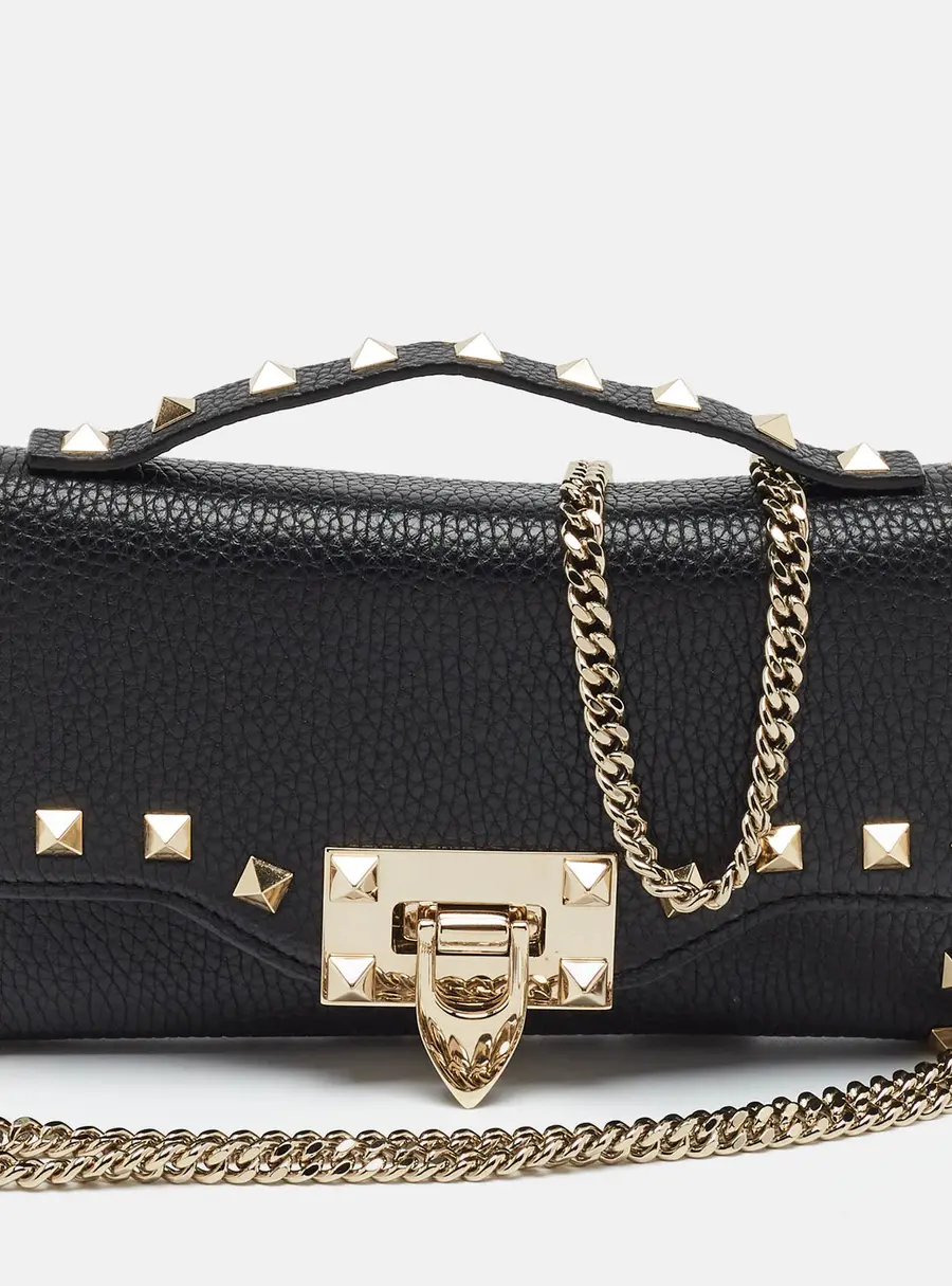 Valentino Rockstud Flap Black Leather Wallet on Chain