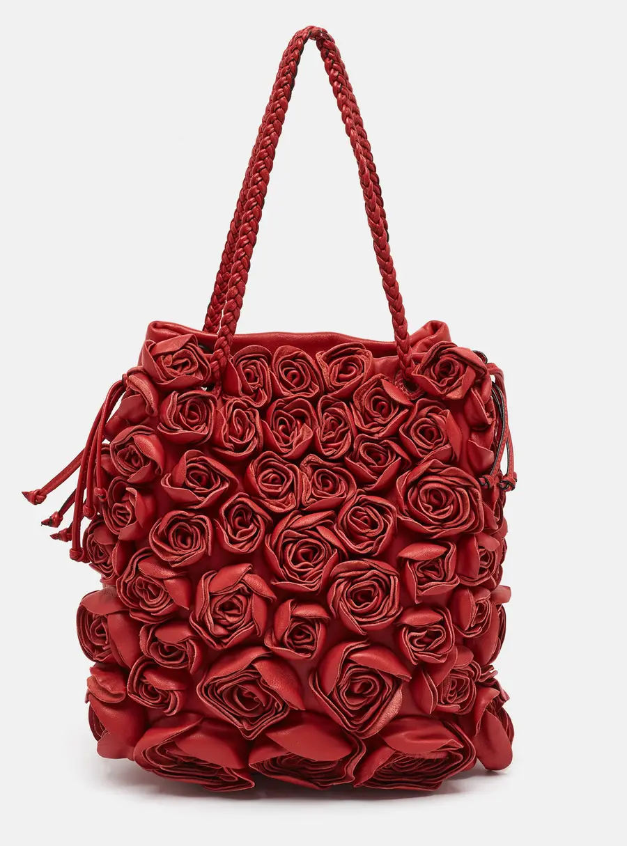 Valentino Rose Applique Red Leather Drawstring Tote