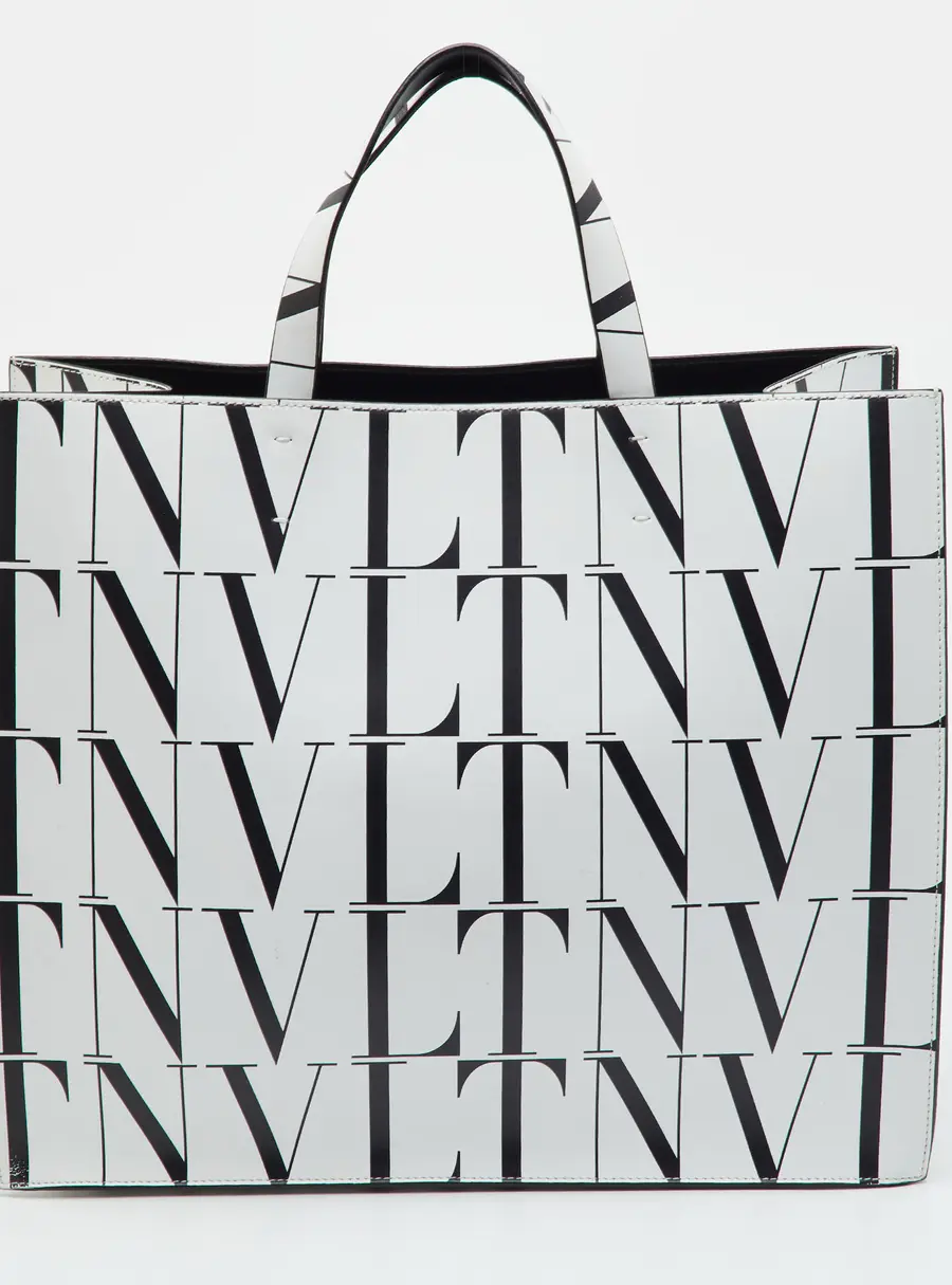 Valentino VLTN Times White/Black Leather Shopper Tote