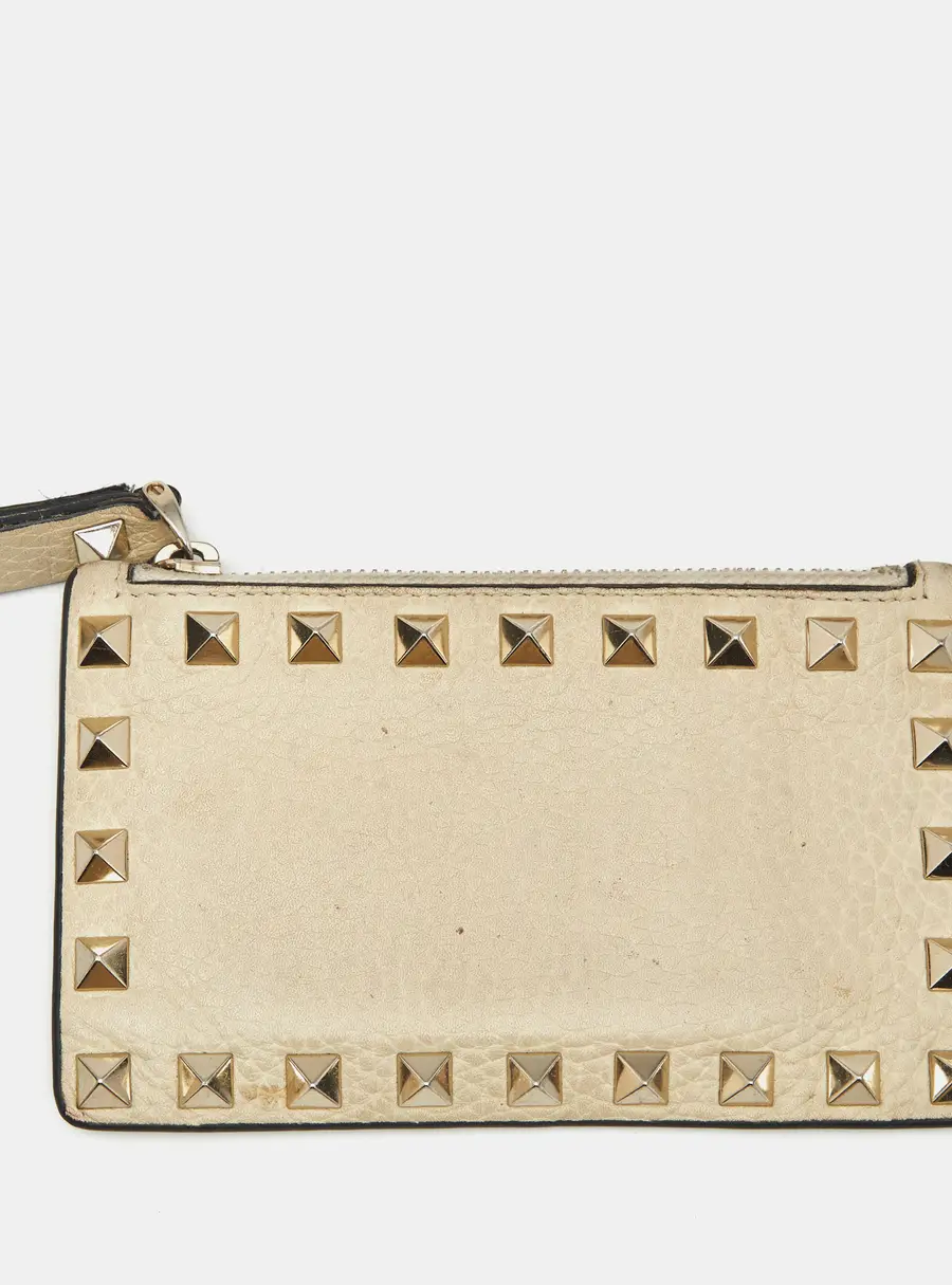 Valentino Rockstud Cream Leather Zip Card Holder