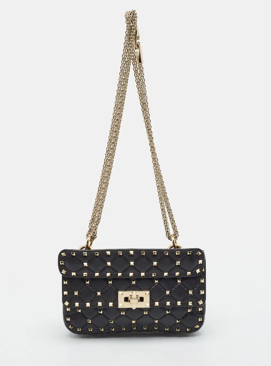 Valentino Rockstud Spike Small Black Quilted Leather Top Handle Bag