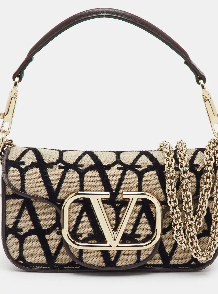 Valentino Loco Iconographe Beige/Brown Canvas and Leather Shoulder Bag