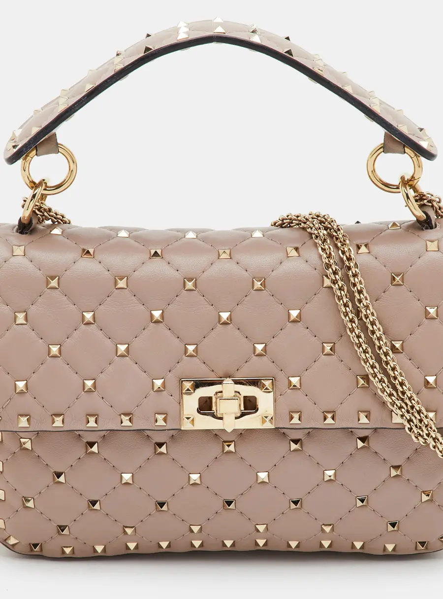 Valentino Rockstud Spike Dusty Pink Quilted Leather Top Handle Bag
