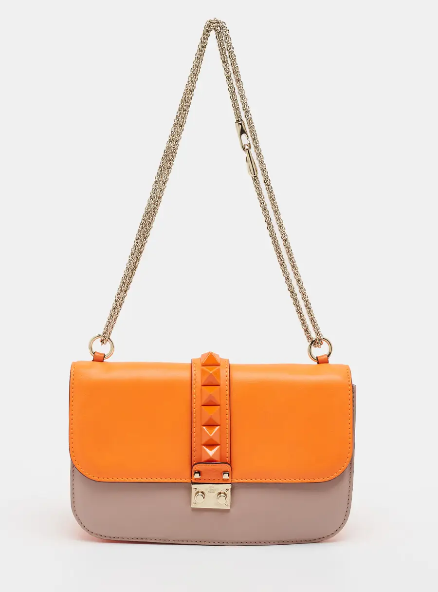 Valentino Glam Lock Medium Orange/Beige Leather Shoulder Bag