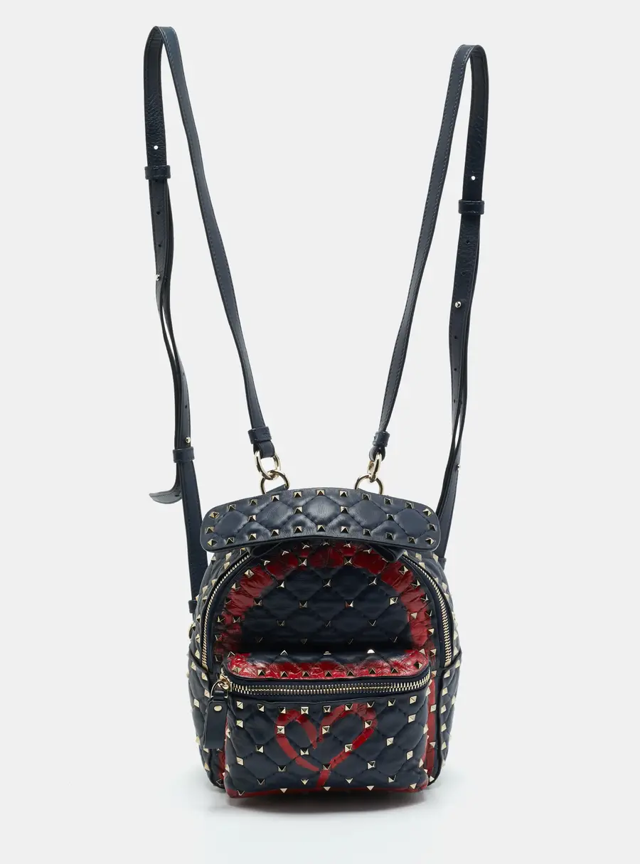 Valentino Rockstud Spike Mini Navy Blue/Red Quilted Leather Backpack