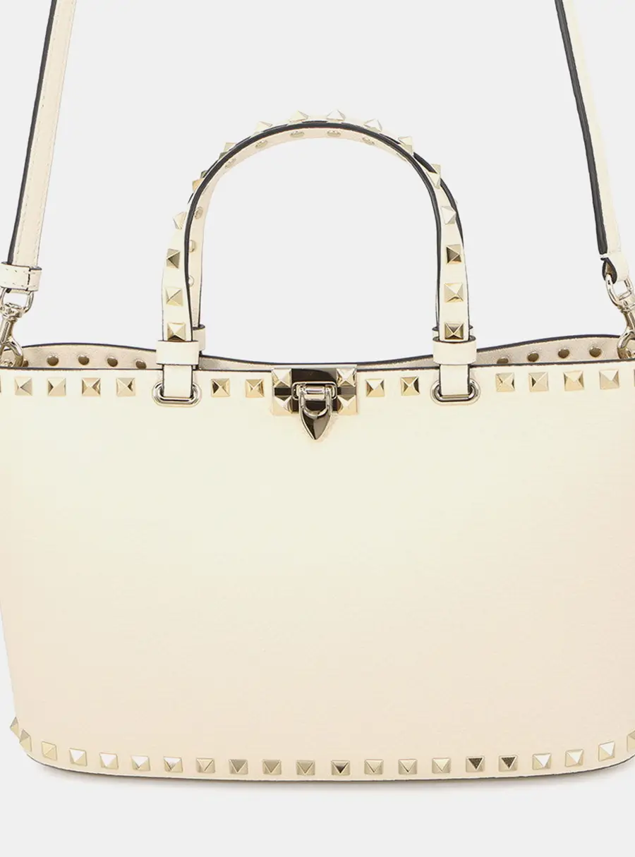 Valentino Garavani Rockstud Small Light Ivory Grained Calfskin Leather Tote Bag