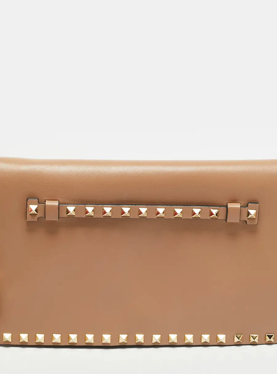 Valentino Rockstud Flap Beige Leather Wristlet Clutch