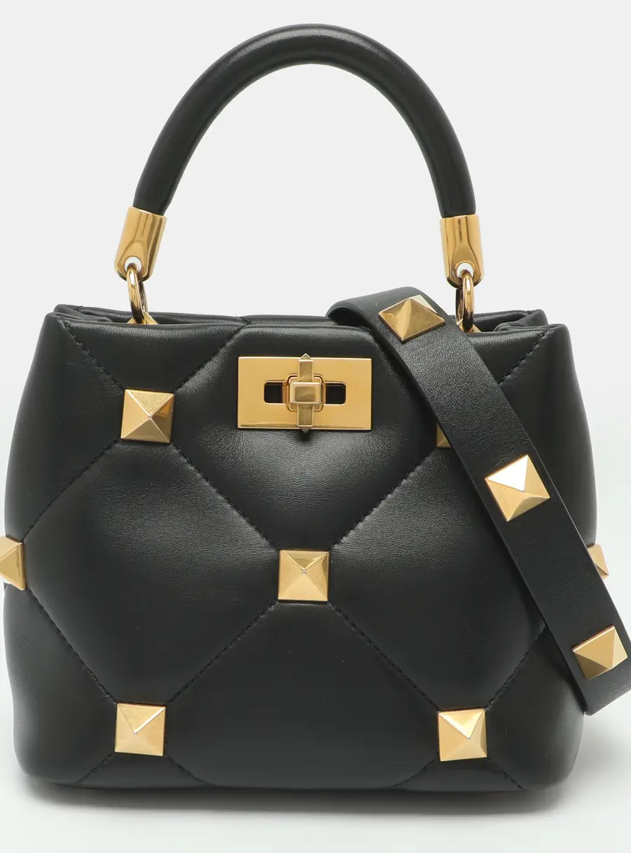 Valentino Roman Small Stud Black Quilted Leather Top Handle Bag