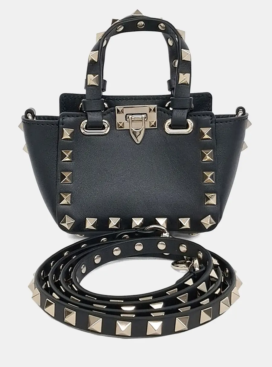 Valentino Black Leather Rockstud Micro Tote and Crossbody Bag