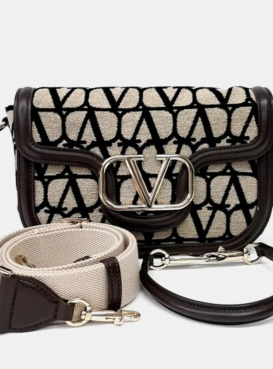 Valentino Beige Black Fabric Toile Iconograph Tote and Shoulder Bag
