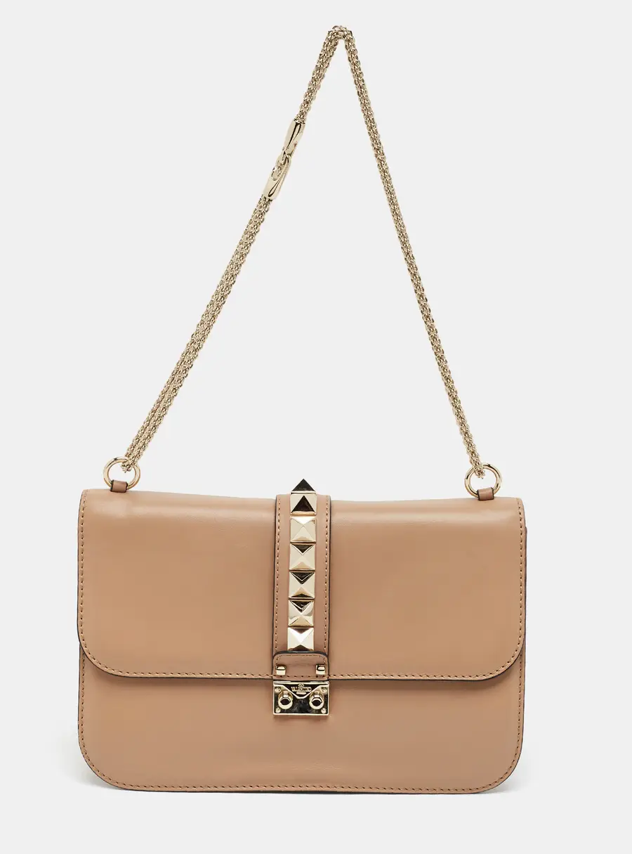 Valentino Glam Lock Rockstud Large Beige Leather Flap Bag