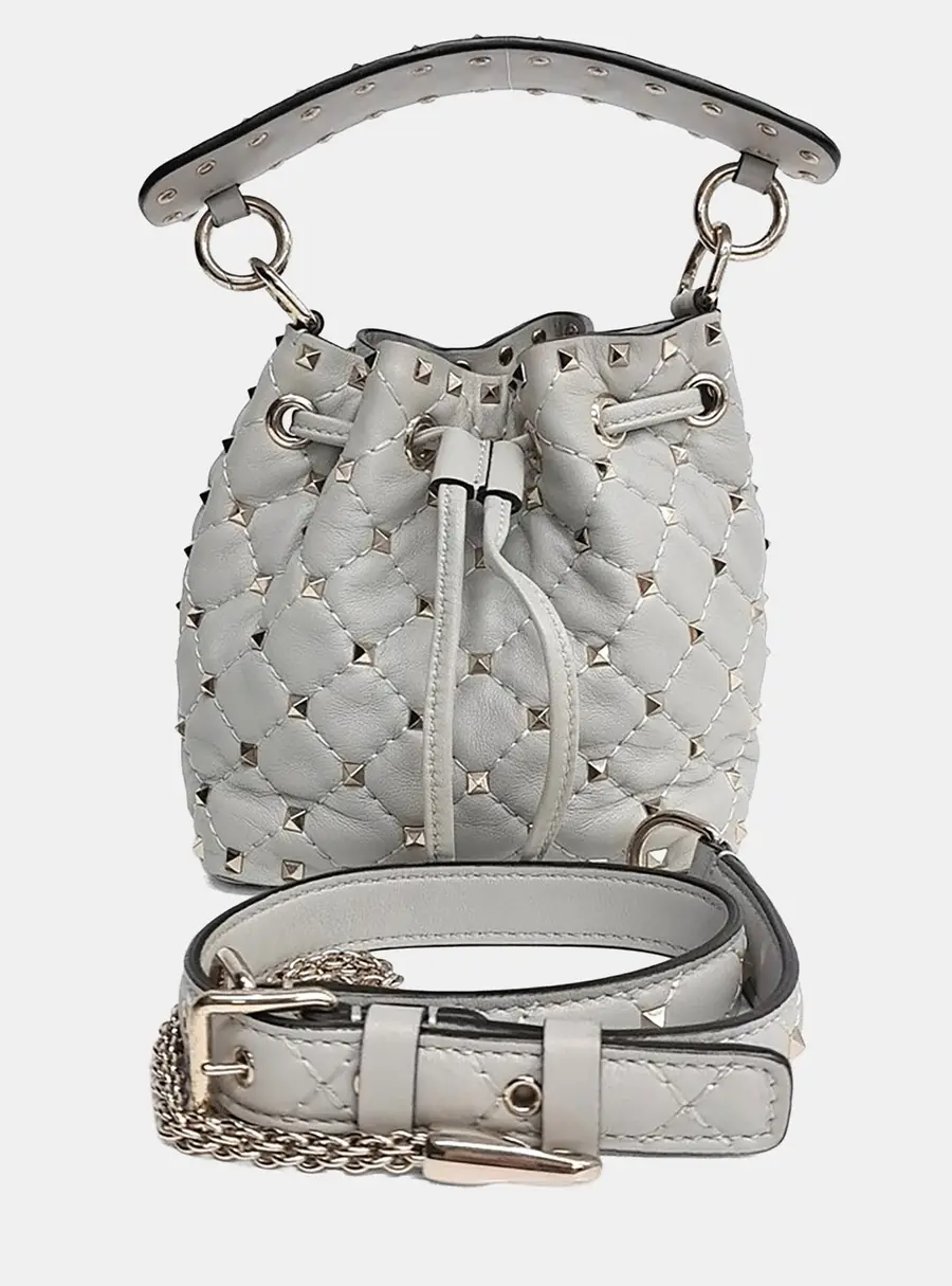 Valentino Grey Leather Rockstud Bucket Bag