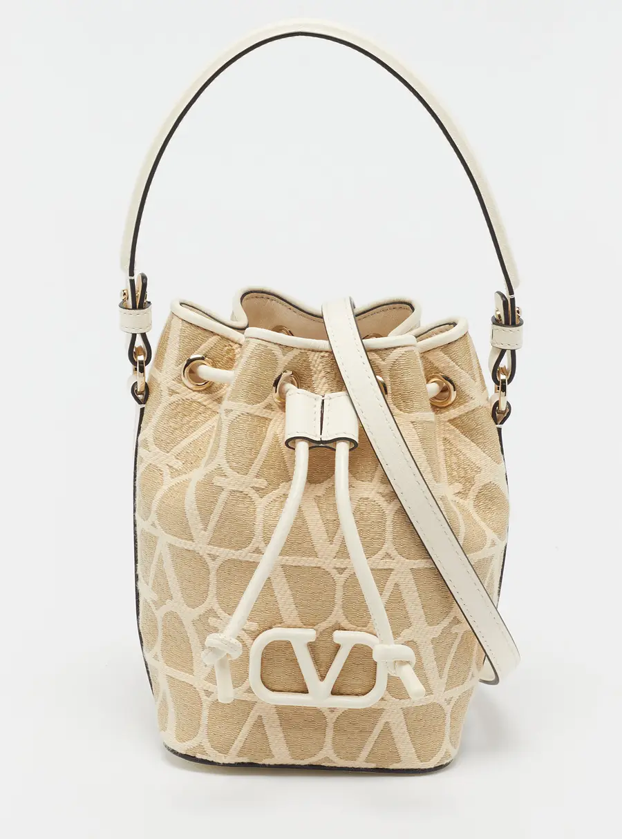 Valentino VLogo Mini Beige/Khaki Iconographe Canvas and Leather Bucket Bag