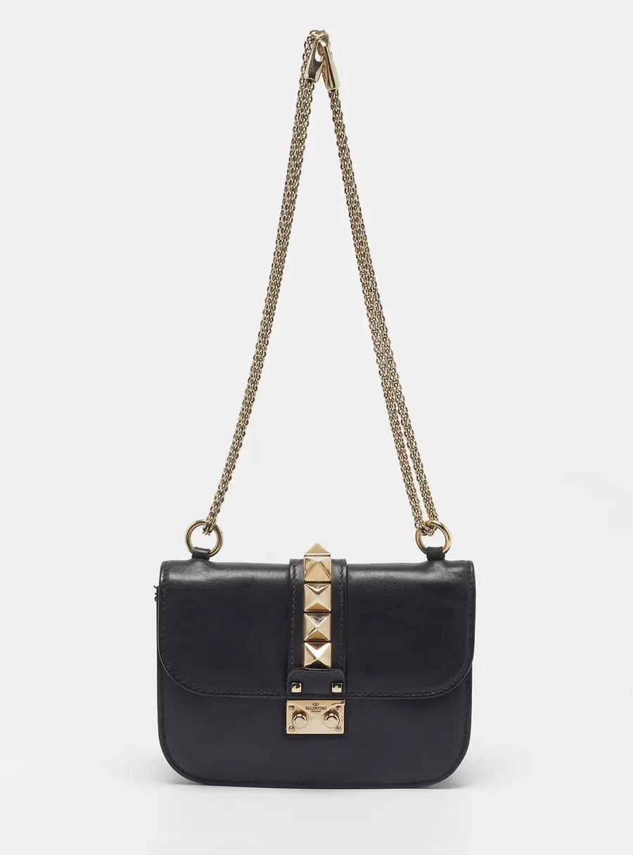 Valentino Glam Lock Small Black Leather Shoulder Bag