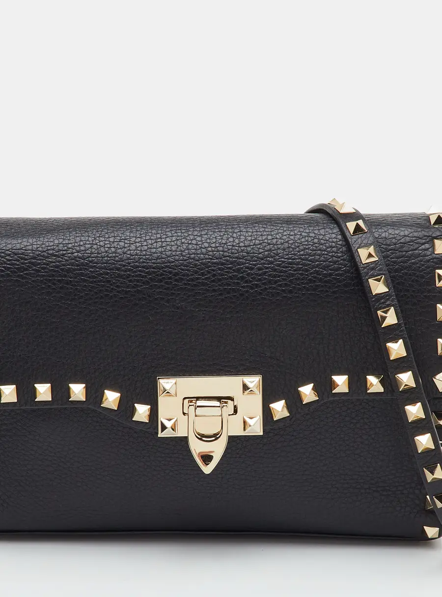 Valentino Rockstud Flip Lock Flap Black Leather Crossbody Bag