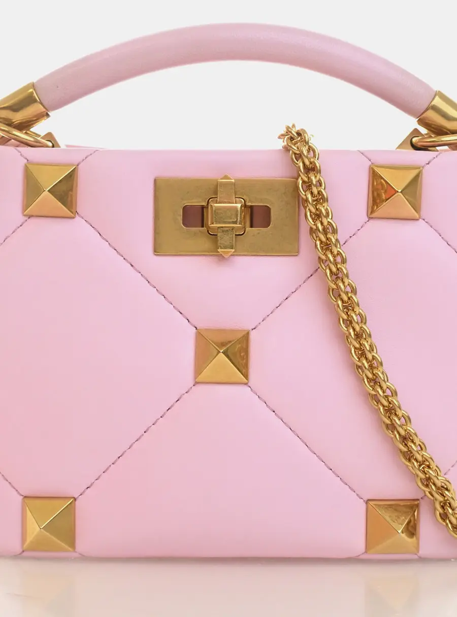 Valentino Roman Stud Mini Pink Lambskin Leather Top Handle Bag