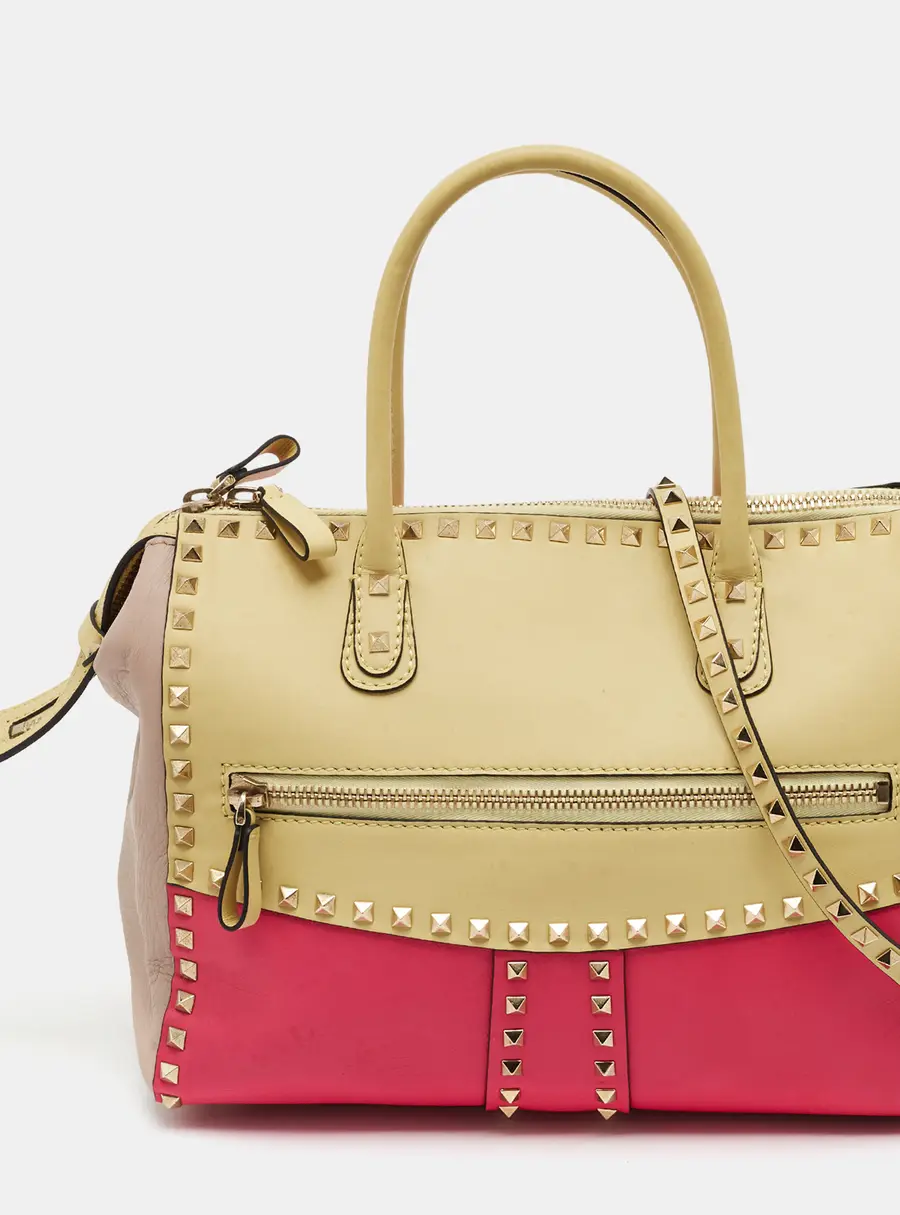 Valentino Rockstud Colorblock Yellow/Pink Leather Satchel