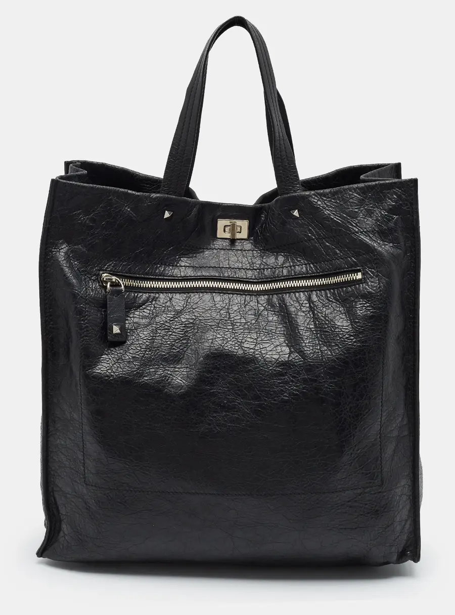 Valentino Rockstud Black Leather Shopper Tote