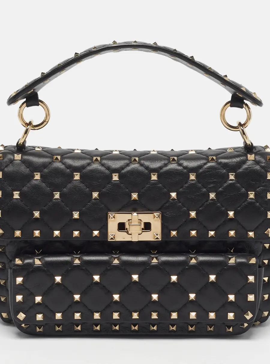 Valentino Multipocket Rockstud Spike Black Quilted Leather Top Handle Bag