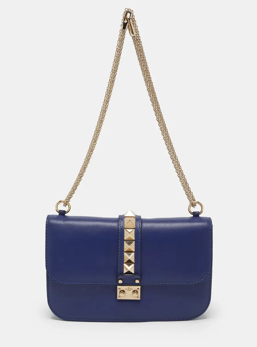 Valentino Rockstud Glam Lock Medium Navy Blue Leather Bag