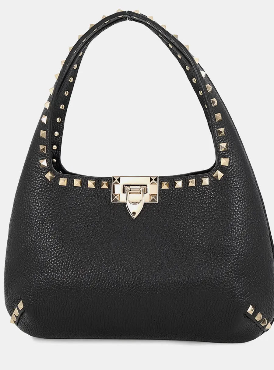 Valentino Garavani Rock Studded Small Hobo Bag Black Calf Leather Size Small