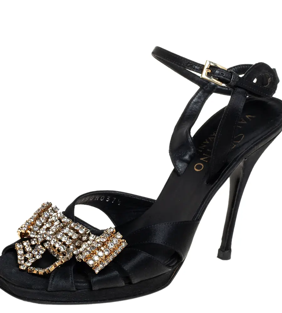 Valentino Black Satin Bow Crystal Embellished Ankle strap Sandals Size 37