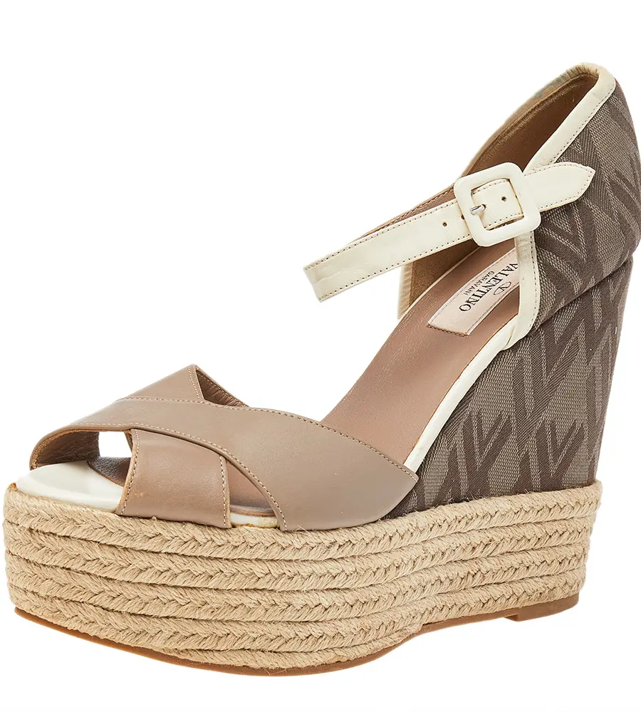 Valentino Beige/Brown Leather And Fabric Wedge Platform Espadrille Sandals Size 39.5
