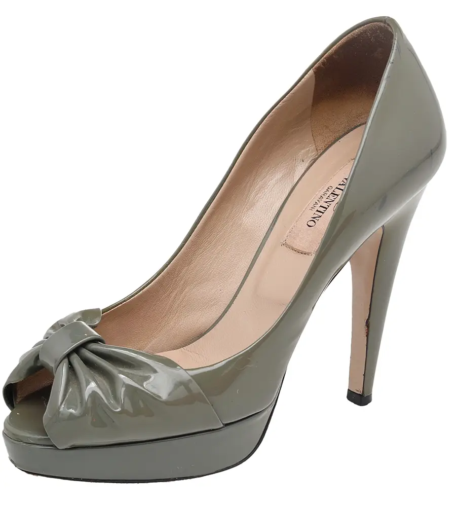 Valentino Olive Green Patent Leather Platform Peep Toe Pumps Size 35