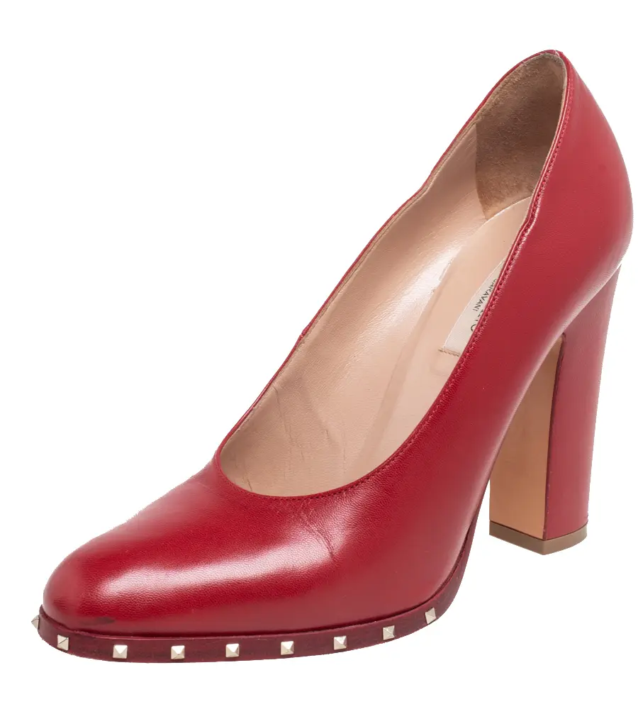 Valentino Red Leather Soul Rockstud Block Heel Pumps Size 37.5
