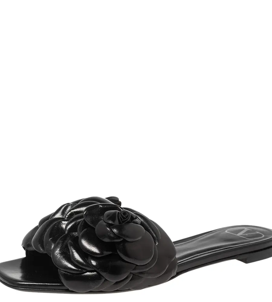 Valentino Garavani Black Leather Atelier 03 Rose Edition Slides Sandals Size 35.5