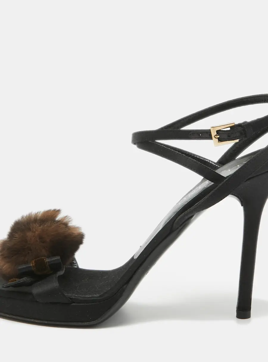 Valentino Black Satin Fur Bow Ankle Strap Sandals Size 38