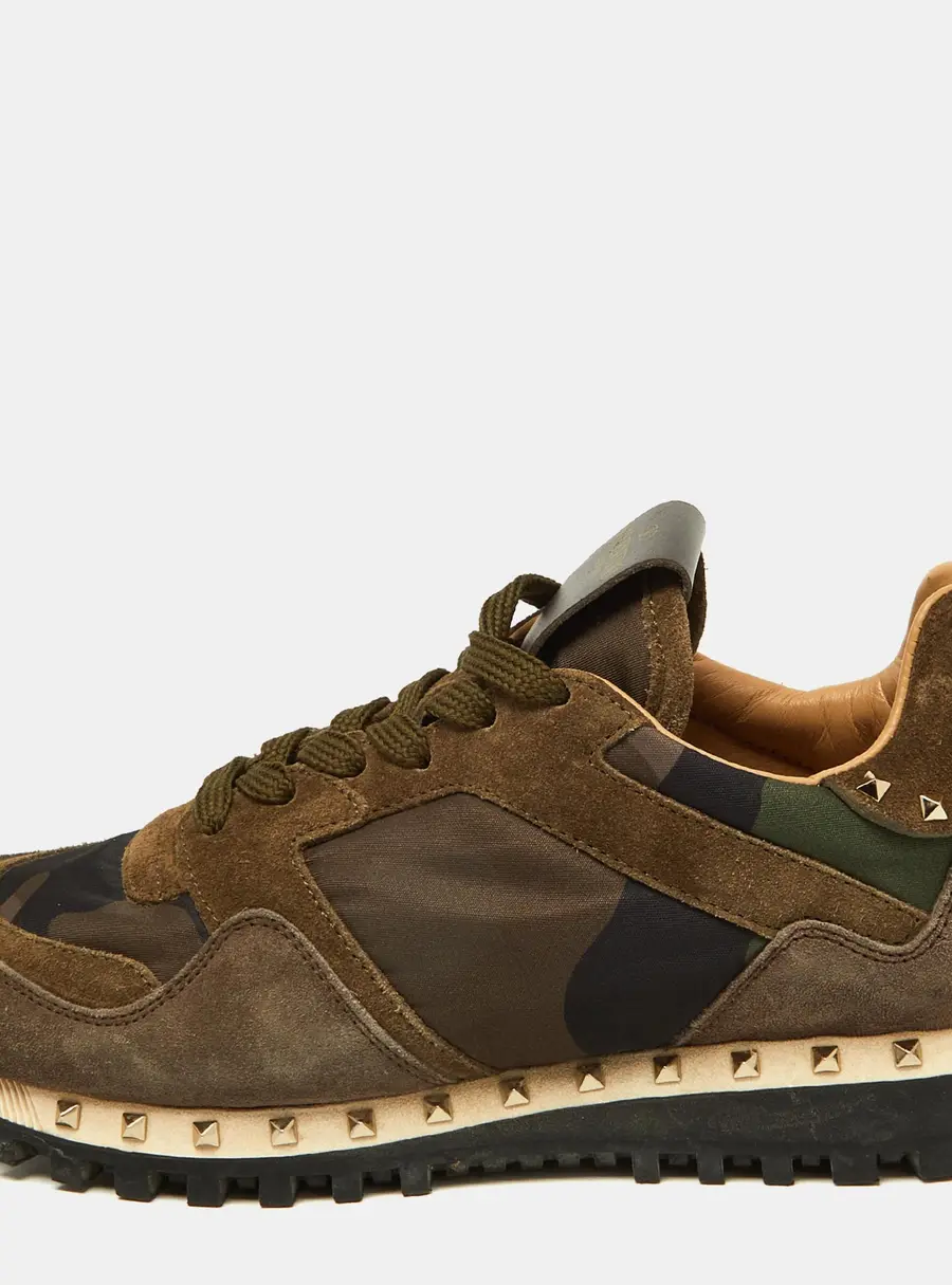 Valentino Green/Brown Suede and Camouflage Canvas Rockrunner Low Top Sneakers Size 35