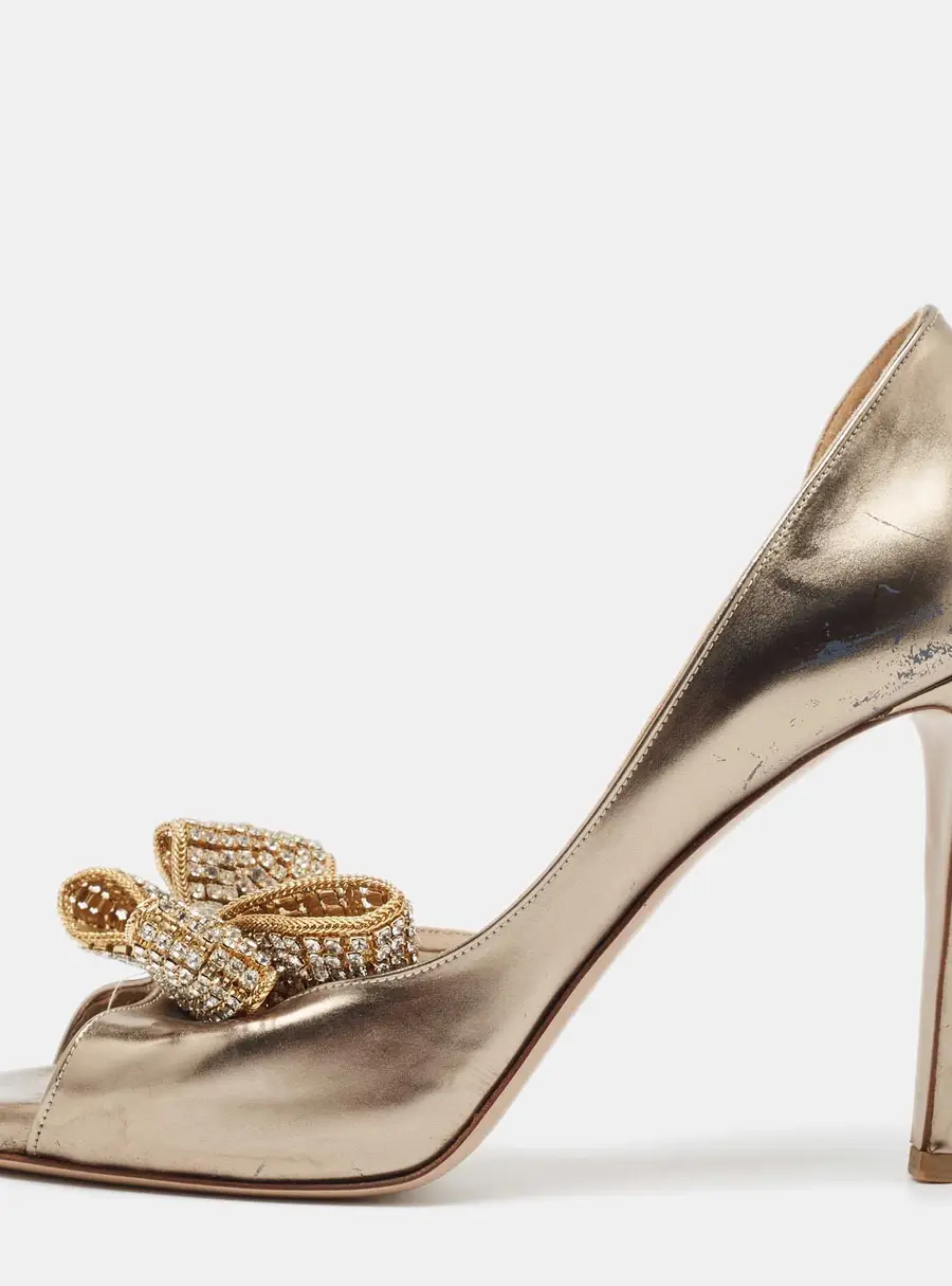 Valentino Metallic Leather Crystal Embellished Bow D'orsay Pumps Size 37.5