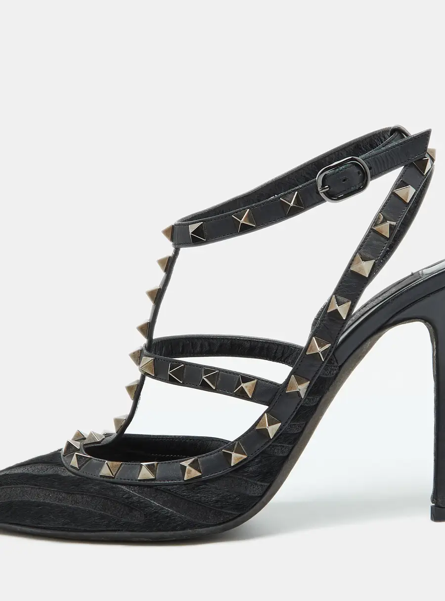 Valentino Black Leather and Calf Hair Rockstud Ankle Strap Pumps Size 40