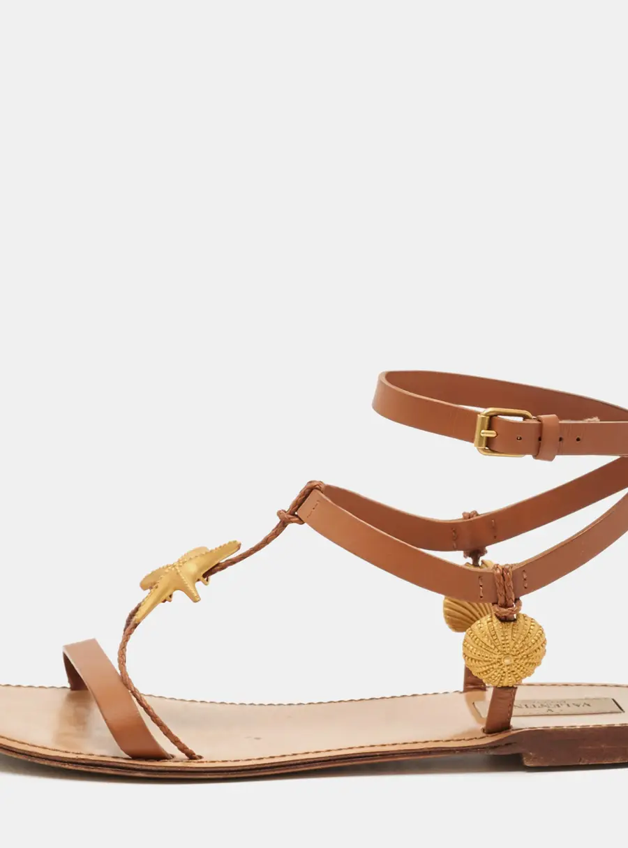 Valentino Brown Leather Star and Tree Embellished Flat Sandals Size 39