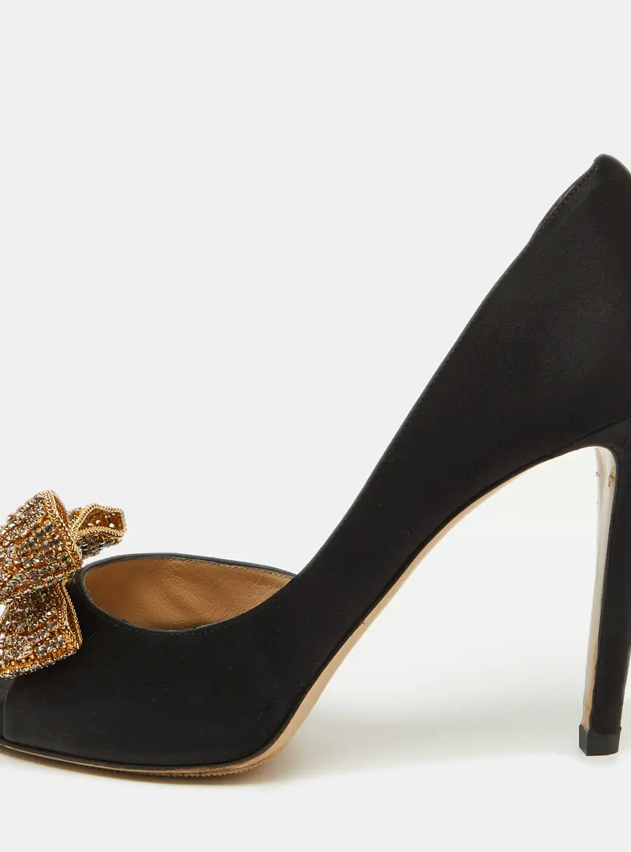Valentino Black Satin Crystal Embellished Bow D'Orsay Pumps Size 39.5