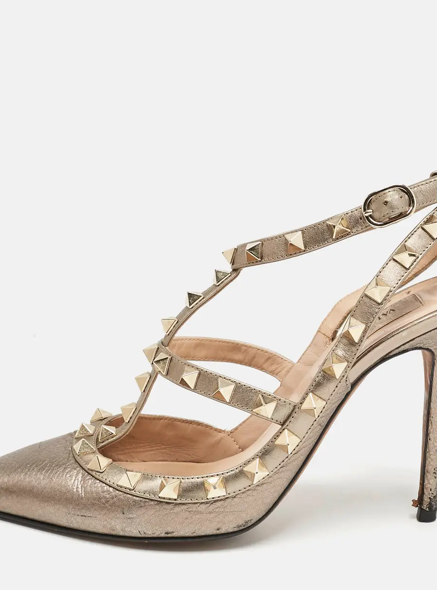 Valentino Metallic Grey Leather Rockstud Caged Ankle Strap Pumps Size 37