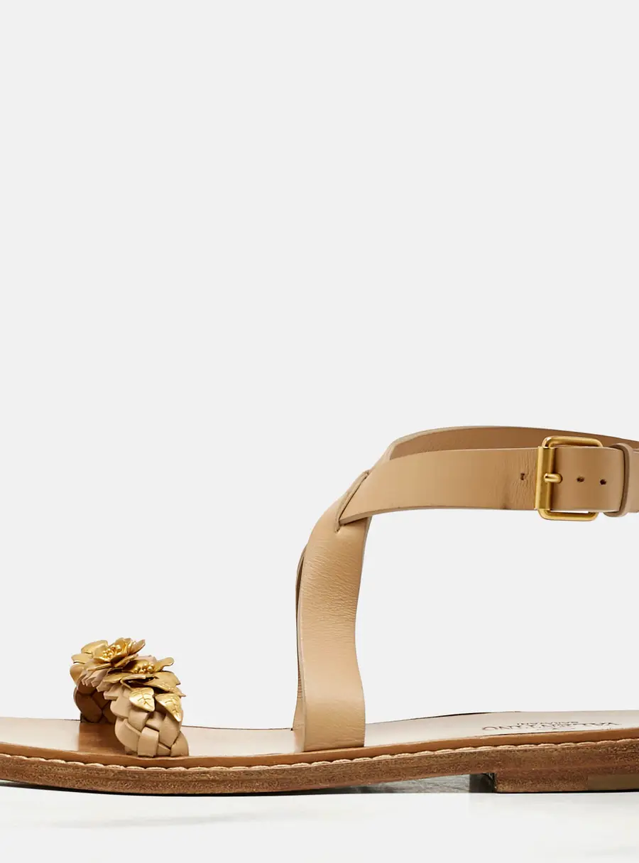 Valentino Beige Leather Metal Floral Embellished Flat Sandals Size 39