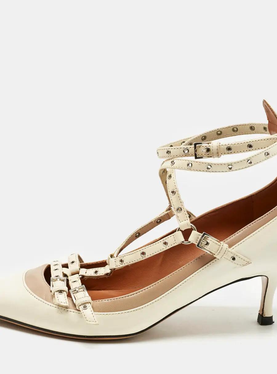 Valentino Cream/Beige Leather Kitten Heels Ankle Strap Pointed Toe Pumps Size 35
