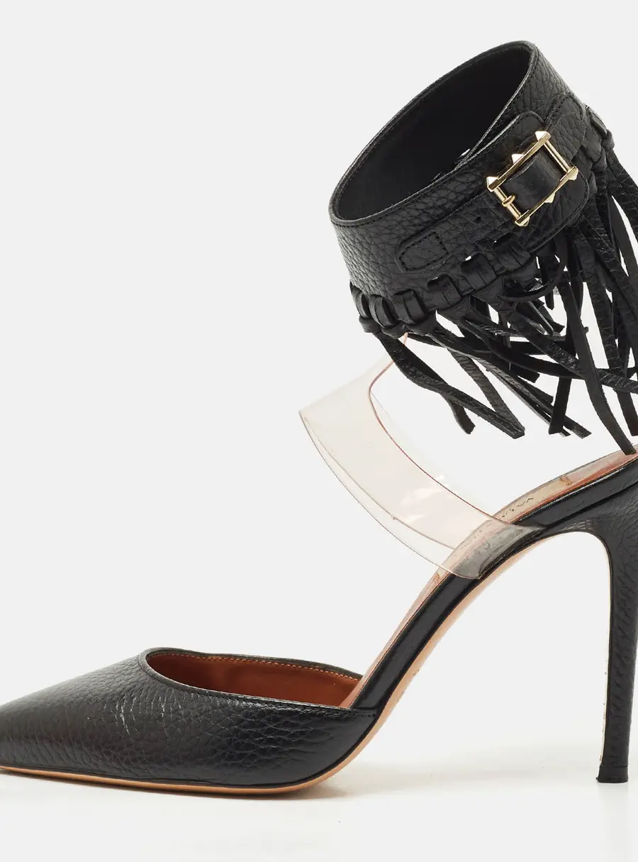 Valentino Black Leather C-Rockee Fringe Ankle Strap Sandals Size 35