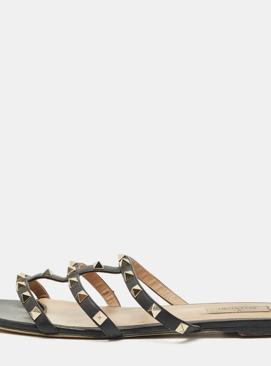 Valentino Black Leather Rockstud Flat Slide Size 40