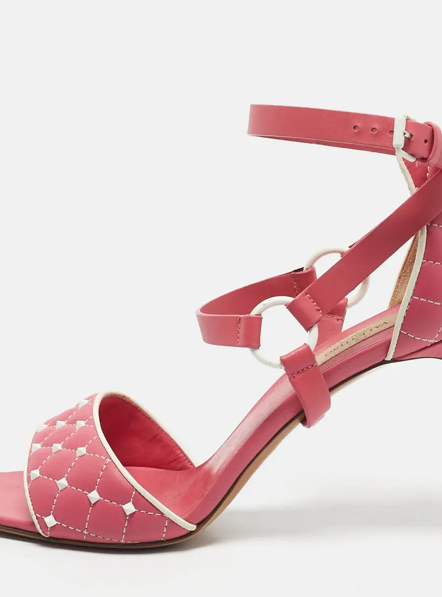 Valentino Pink/White Leather Rockstud Ankle Strap Sandals Size 39