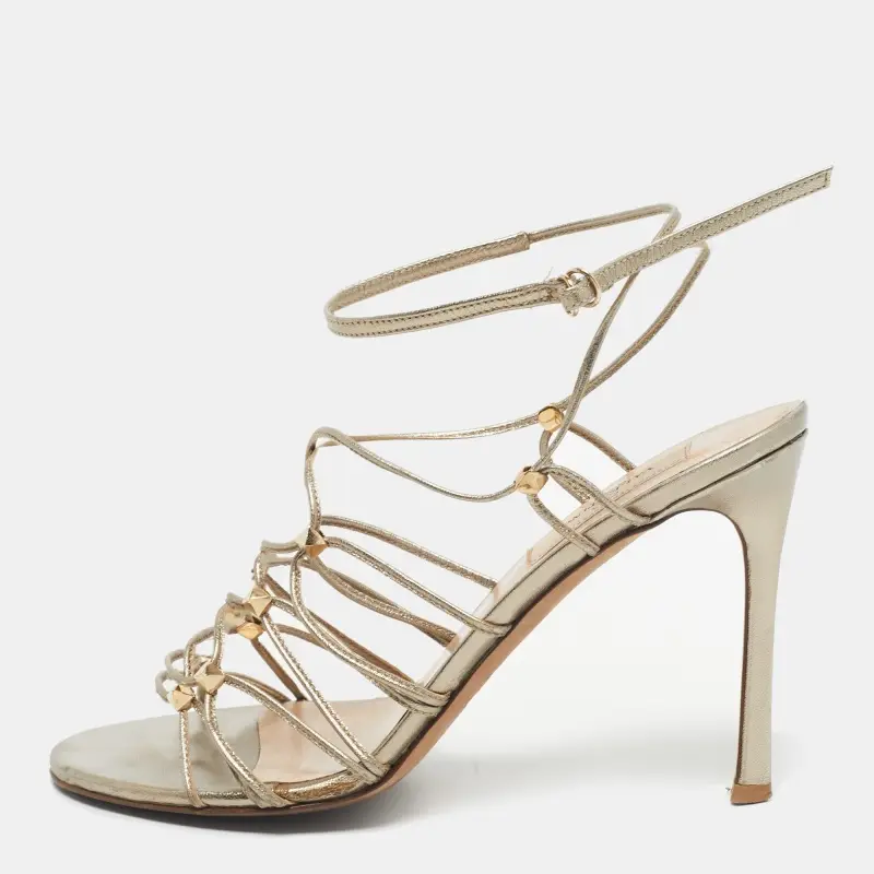Valentino Gold Leather Studded Lace Up Sandals Size 36.5