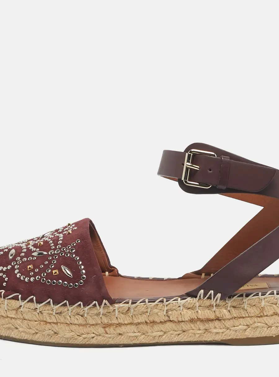 Valentino Burgundy Embellished Suede and Leather Ankle Strap Espadrille Flats Size 40