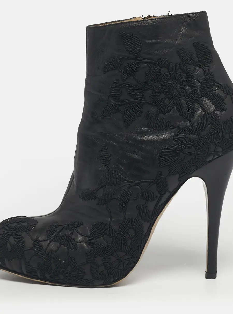Valentino Black Embroidered Leather Zip Ankle Boots Size 39