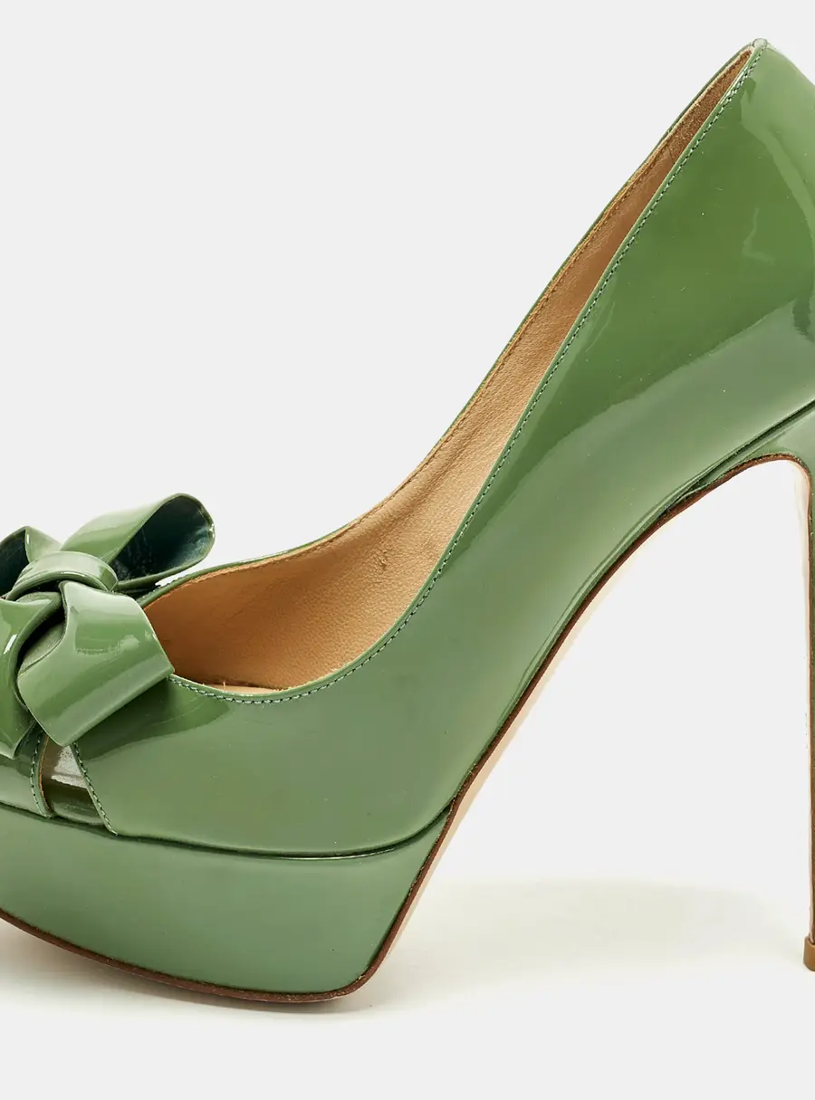 Valentino Couture Size 36.5 Green Patent Leather Bow Peep Toe Platform Pumps