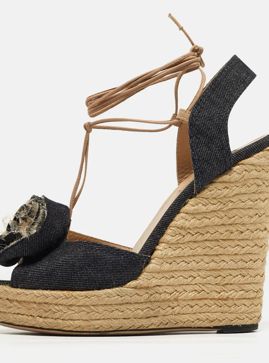 Valentino Flower Applique Size 38.5 Navy Blue Denim Espadrille Wedge Sandals