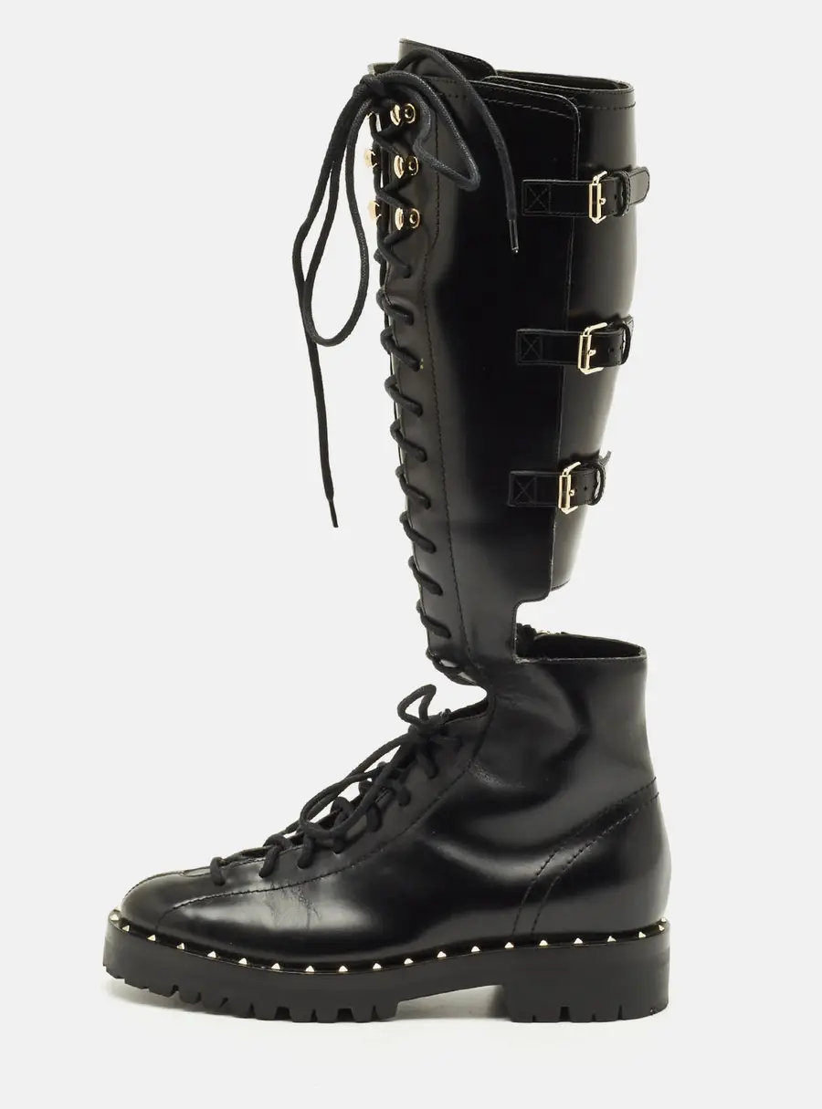 Valentino Soul Rockstud Size 36 Black Leather Knee Length Boots