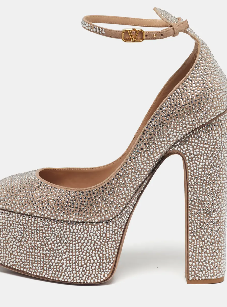 Valentino Tan-Go Size 40.5 Beige Suede Crystal Embellished Platform Pumps